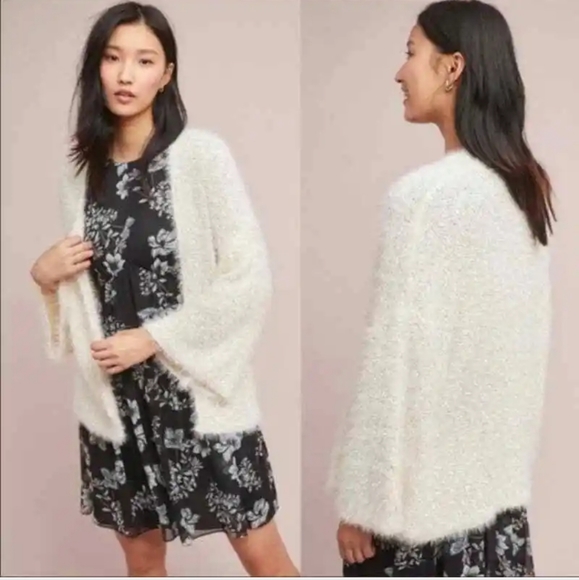 Anthropologie Sweaters - Sleeping on Snow Ivory Shimmer Sparkle Fuzzy Cozy Kimono Cardigan Sweater